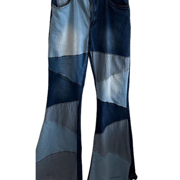 American Bazi Multi Blue Patchwork Denim Bell Bottoms Suspenders Boho Hippie L - Picture 4 of 8